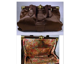 1930s Satin Handbag, LAME LINING_Espresso Brown_Suede Trim_Double Self Handle Strap_Brass Hardware_Bag_Purse_All Original, True 30’s