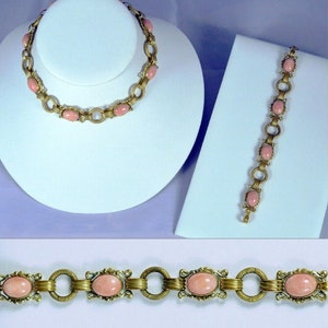 Faux ANGEL SKIN CORAL Georgian Revival Necklace & Bracelet Demi-Parure/Set_Unmarked DESIGNER_True 1930’S/40'S Vintage