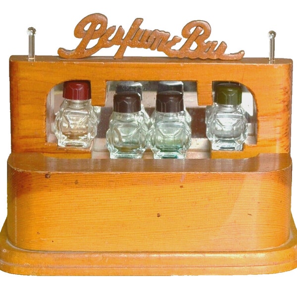 30s/40s Vintage Vanity Top Miniature MODERNE "PERFUME BAR"_Geometric Glass Perfume Bottles_Bakelite Caps