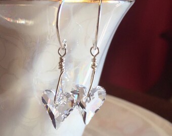 Clear Crystal Heart Earrings: Sterling Silver Wire Wrapped Jewelry