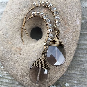 Smokey Quartz Hoop Earrings Neutral Wire Wrapped Drop Handmade