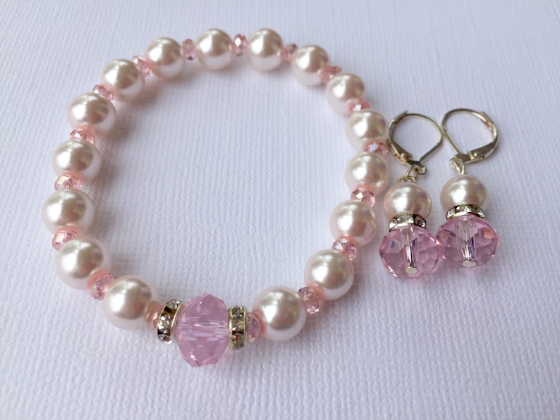 Pink Pearl Jewelry Bridesmaid Gift under 25 Bridal Blush Wedding Accessories Bracelet Earrings Set October Birthday Breast Cancer Awareness