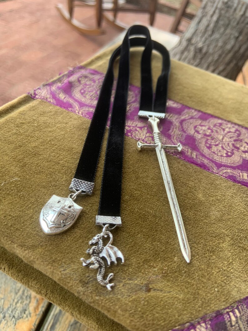 Black or Gold Velvet Dragon Bookmark Men Gift Medieval Sword Castle Throne Renaissance Cosplay Fairytale