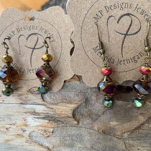 Bronze Fall Brown Earrings with Gold Iris Green or Rainbow Orange Crystals - Short Autumn Dangles - Harvest Thanksgiving Jewelry