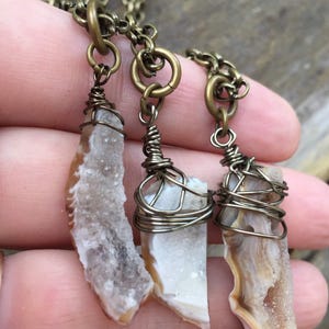 Wire Wrapped Druzy Agate Necklace: Boho Bronze Pendant, 32&quot; Chain
