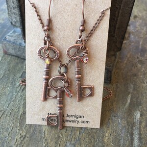 Skeleton Key Jewelry Set Copper Crystal Funky Boho Necklace Earrings Graduation Gift Steampunk