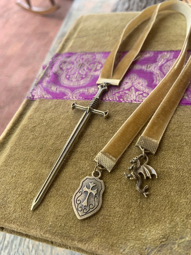 Black or Gold Velvet Dragon Bookmark Men Gift Medieval Sword Castle Throne Renaissance Cosplay Fairytale