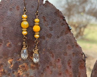 Fun Yellow Bronze Crystal Earrings Orange Agate Handcut Gemstone Handmade Wirewrapped