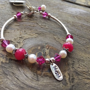 Freshwater Pearl Bracelet: Fuchsia Crystals, Sterling Silver Mom Charm
