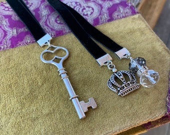 Black Double Ribbon Bookmark with Skeleton Key and Crown Charm Booklover Gift for Favorite Teacher Love Journal or Planner Accessories