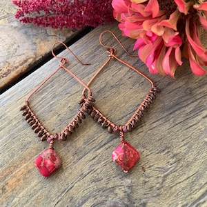 Pretty Pink Gemstone Earrings Large Geometric Hoop Copper Artisan Wire Wrapped Boho Chandelier Gift for Her