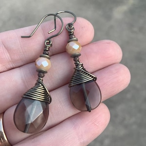 Smokey Quartz Gemstone Earrings - Neutral Handmade Earrings - Earthtone Brown Stone Teardrop Dangles