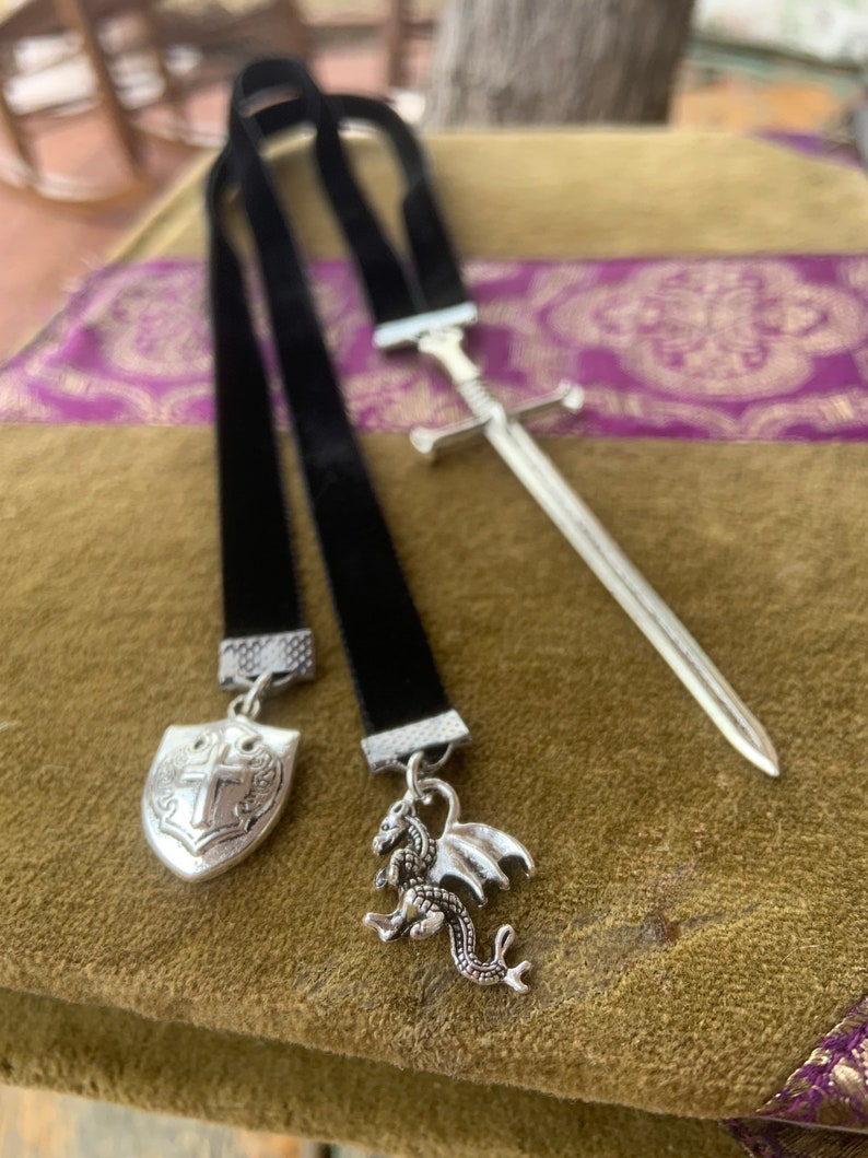 Black or Gold Velvet Dragon Bookmark Men Gift Medieval Sword Castle Throne Renaissance Cosplay Fairytale
