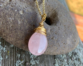 Pink Rose Quartz Pendant Brass Wire Wrapped Necklace Gift for Mom October Birthday
