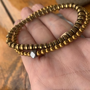 Gold Metallic Hematite Stretch Bracelet: Unisex Beaded Style