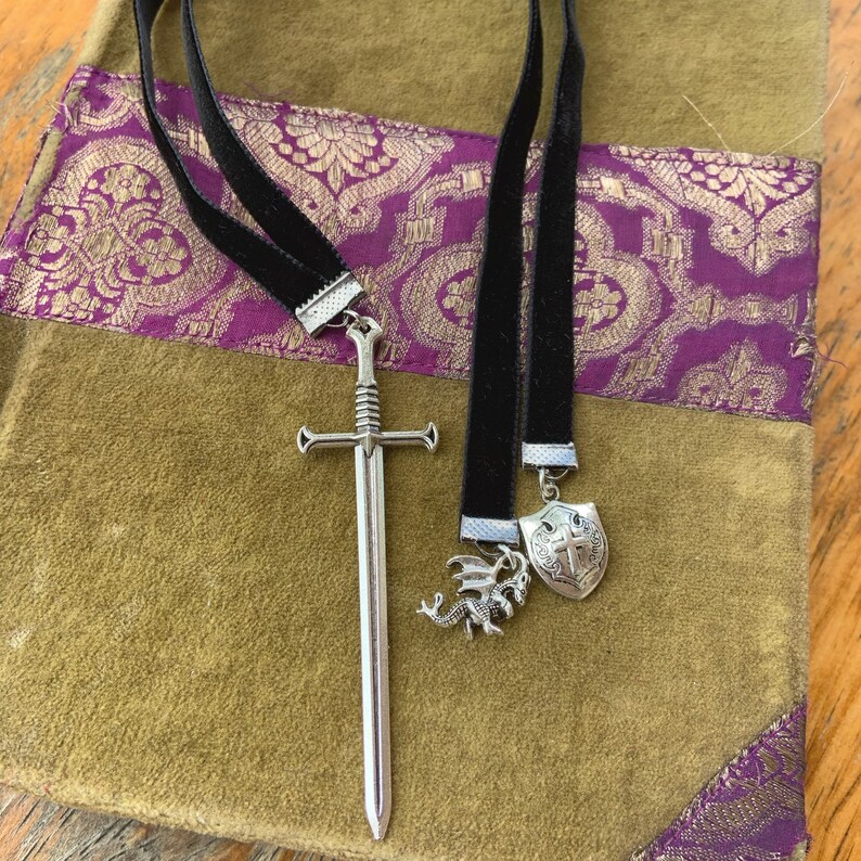 Black or Gold Velvet Dragon Bookmark Men Gift Medieval Sword Castle Throne Renaissance Cosplay Fairytale