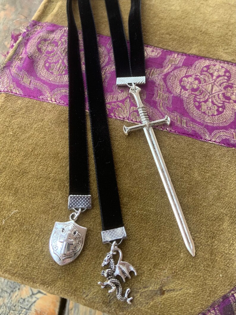 Black or Gold Velvet Dragon Bookmark Men Gift Medieval Sword Castle Throne Renaissance Cosplay Fairytale