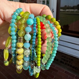 Green Blue Gemstone Bracelet Stack Summer Beaded Bold Arm Candy - Etsy
