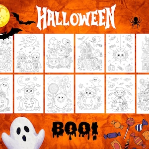 Dibujos para colorear de Halloween para niños: 12 hojas imprimibles de terror, fantasmas, calabazas, brujas y truco o trato. Descarga instantánea.