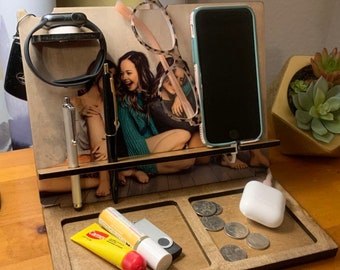 Photo personalized charging station and nightstand organizer for iPhone Android Galaxy, phone stand, phone valet, smart watch holder