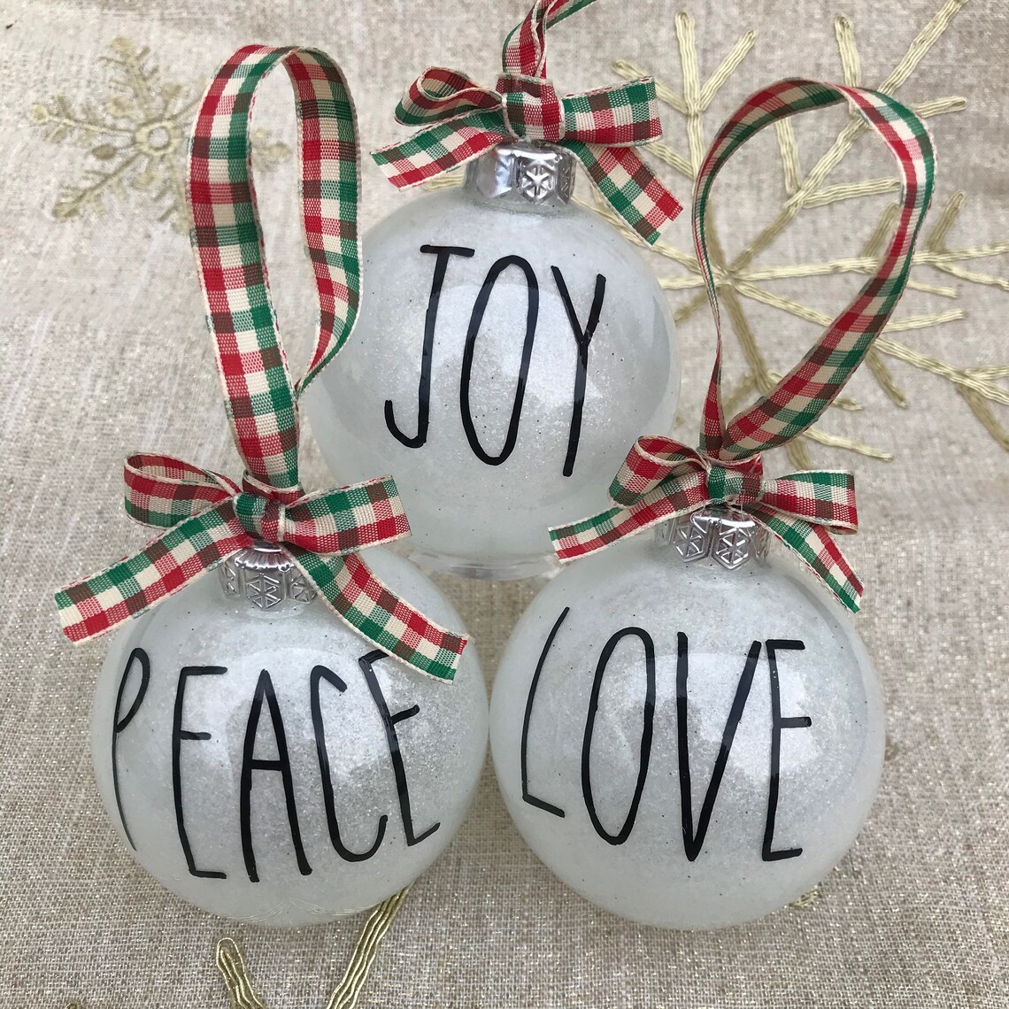 Peace Joy and Love 3-pack White Glitter Ornaments / | Etsy