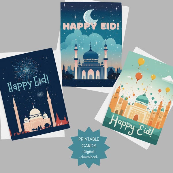 Printable Eid Cards - 3 card bundle - Happy Eid Card- Eid cards for kids - Eid gift for kids- DIGITAL DOWNLOAD - Eid Mubarak