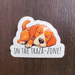 May include: A white sticker with a cartoon illustration of a brown and white dog sleeping. The text "IN THE TRAZA-ZONE!" is printed below the dog.