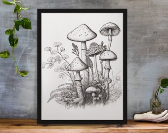 Mushroom Poster -  black and white mushroom drawing - Mushroom art -Mushroom print -mushroom decor - Cottagecore - Printable wall art