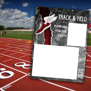 May include: A black and white graphic design with a red running shoe with wings. The text "TRACK & FIELD" is at the top of the design. There are two blank spaces for text below the title. The text "2020" is at the bottom right corner of the design.