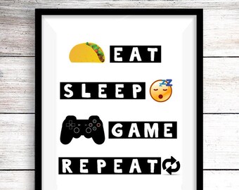 Eat Sleep Game Repeat Gamer PNG Clip Art for Decor Art, Shirts, Cards, Birthday Party Invitations, etc. Playstation Controller Room Sign