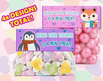 4 DESIGNS! Teacher's Classroom Valentine's Day Treat Bag Tags - Kids Class Printable From Teacher To Students School Party Gifts  DIY JPEG
