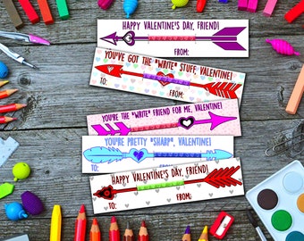Valentine's Day Cards for Kids Class Printable Pencil Holder Cupid's Arrows Valentine From Teacher Students School Classroom Gifts  DIY JPEG