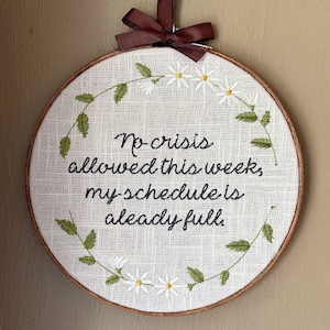 Funny Mounted Cross-Stitch - "No crisis allowed this week, my schedule is already full"
