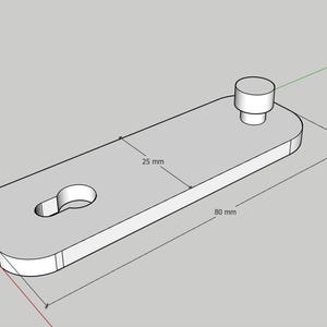 Op de afbeelding: Een 3D-ge&euml;ngineerd, lichtgrijs, rechthoekig object met afgeronde randen. Het heeft een sleutelgatvormige uitsparing en een cilindrische knop. Het object is 8 cm lang en 2,5 cm breed.