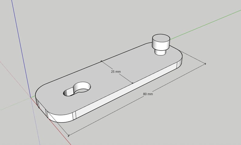 Op de afbeelding: Een 3D-ge&euml;ngineerd, lichtgrijs, rechthoekig object met afgeronde randen. Het heeft een sleutelgatvormige uitsparing en een cilindrische knop. Het object is 8 cm lang en 2,5 cm breed.