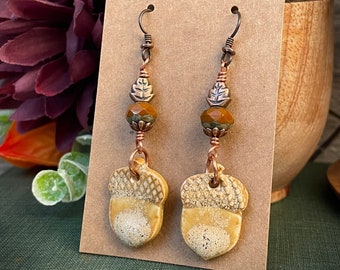 Fall earrings, ceramic beaded earrings, acorn earrings, harvest earrings, hypoallergenic earrings