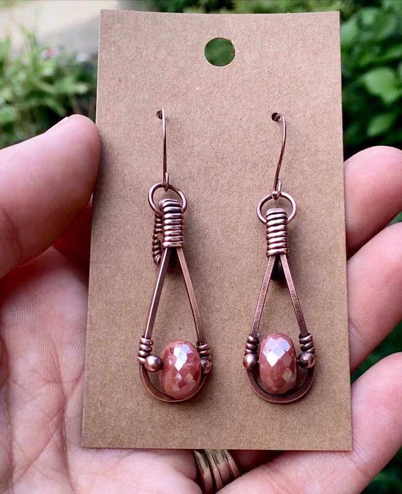 Wire Wrapped Earrings Moonstone Earrings Gemstone Copper Etsy
