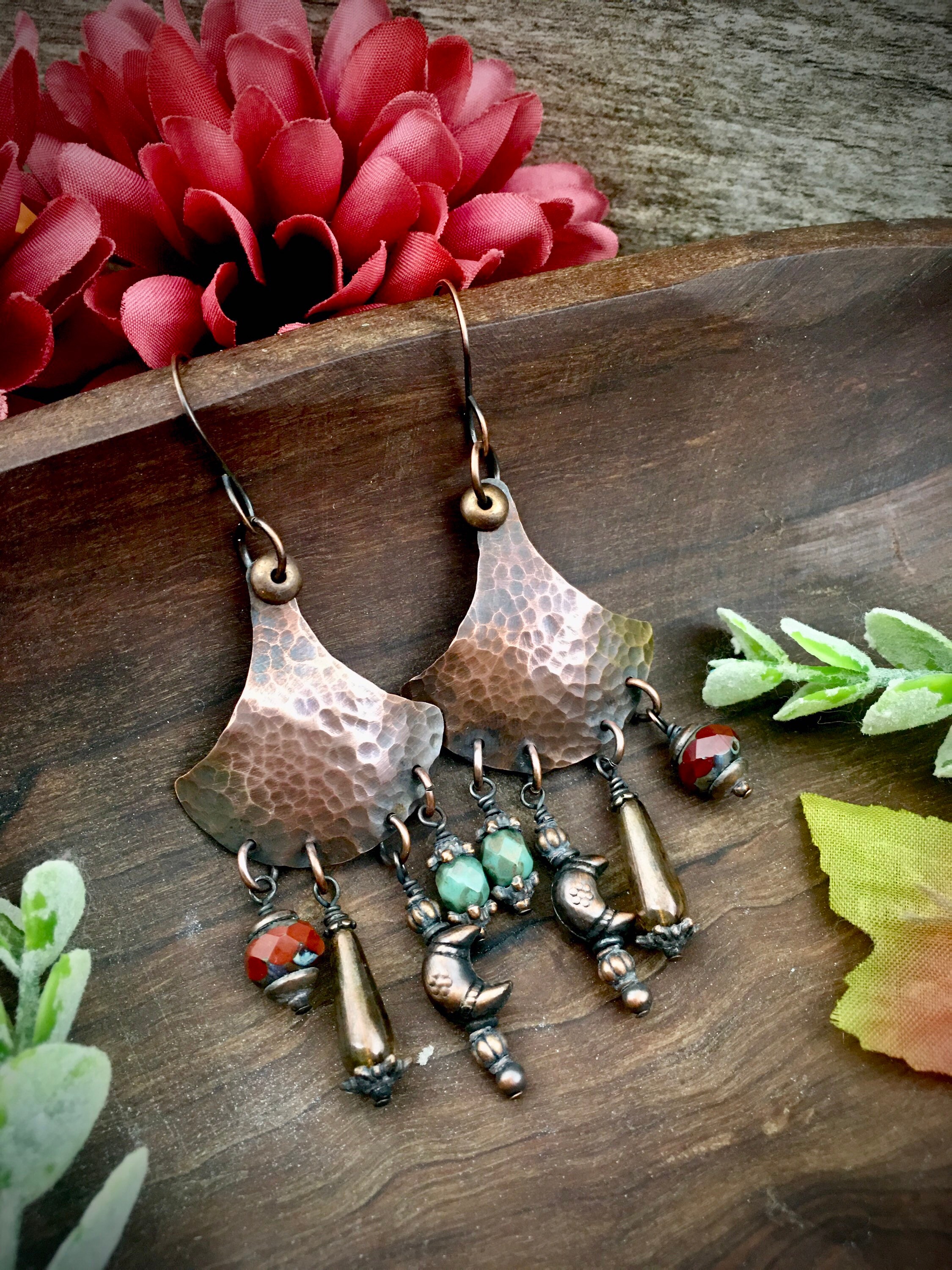 Hammered copper Czech glass bead earrings moon earrings | Etsy
