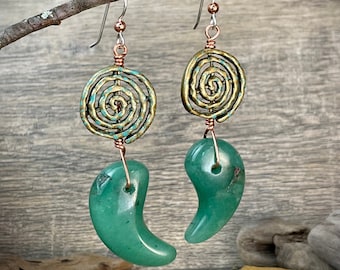 Boucles d'oreilles Aventurine magatama, bijoux en pierres précieuses, boucles d'oreilles japonaises, bijoux de déclaration, boucles d'oreilles de printemps