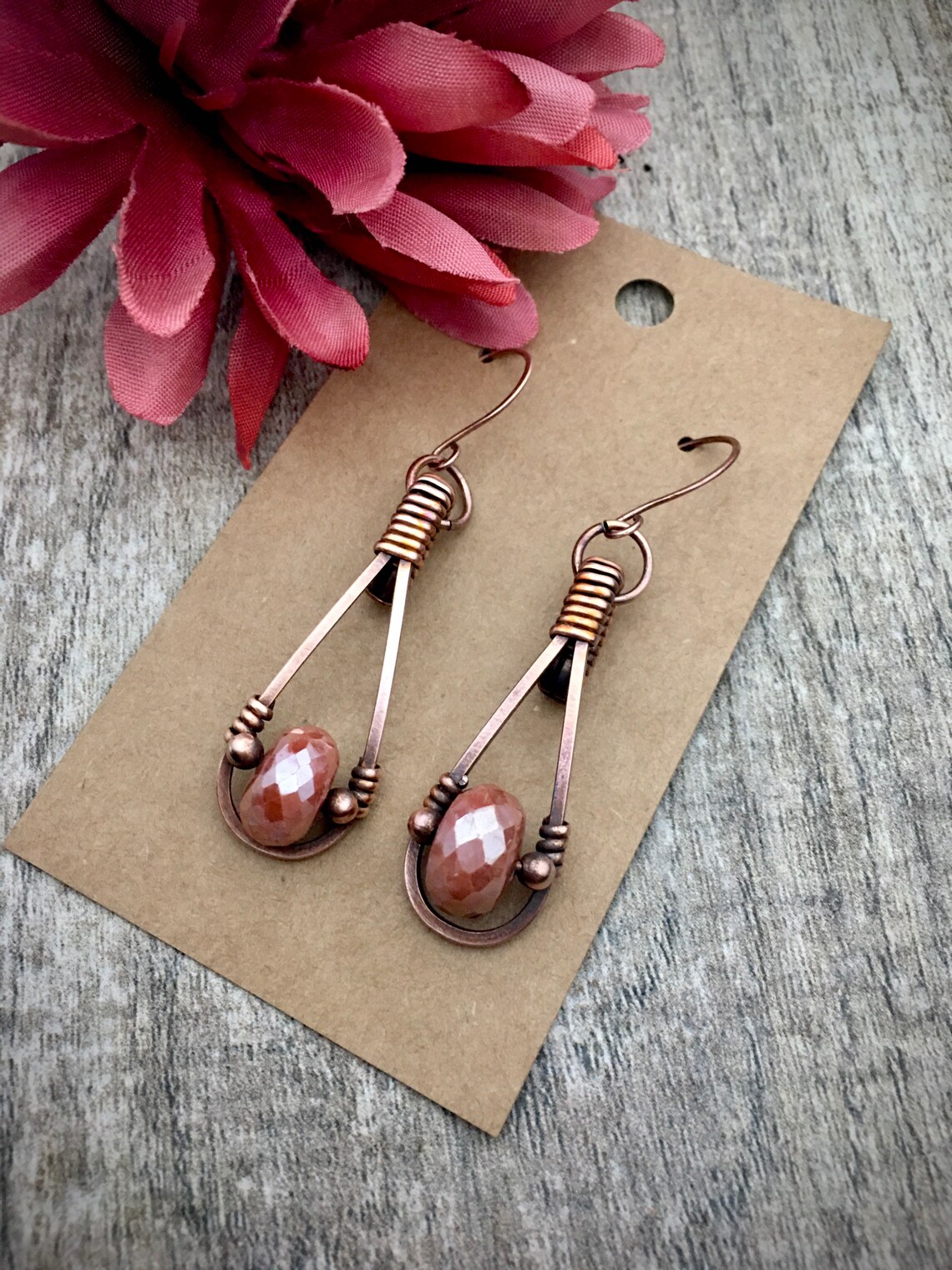 Wire Wrapped Earrings Moonstone Earrings Gemstone Copper Etsy