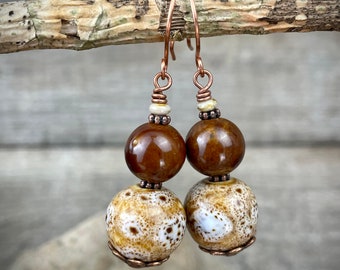 Artisan charm dangle earrings, handmade ceramic earrings, earthy rustic earrings, copper wire wrapped earrings