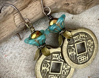 Asian coin earrings, bronze Czech glass bead dangle earrings,