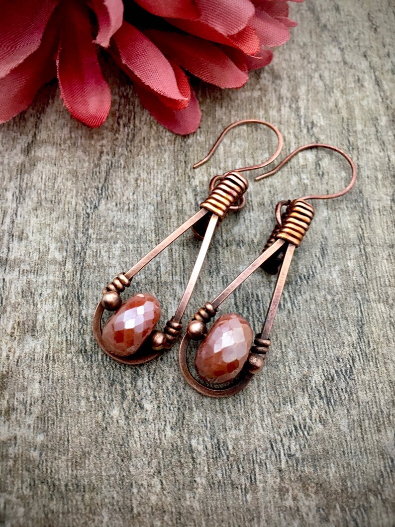 Wire Wrapped Earrings Moonstone Earrings Gemstone Copper Etsy