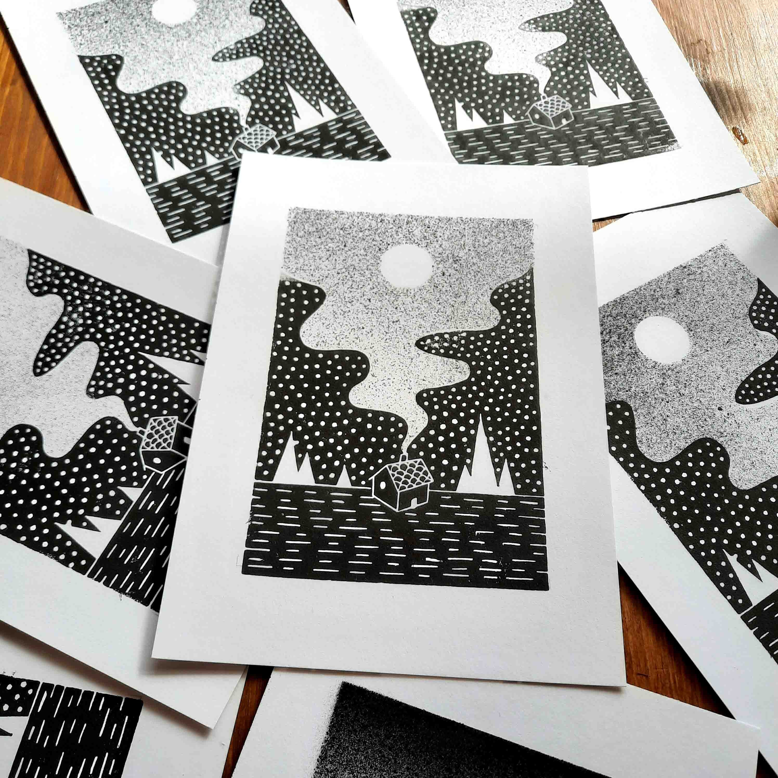 Littlle House - Linogravure A5 + Réhaussage