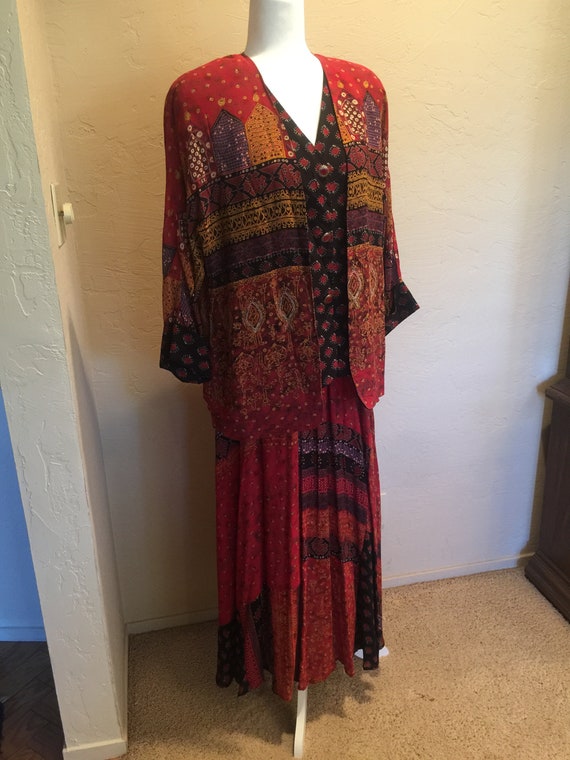 Carole Little 1980's Two piece exotic print red &