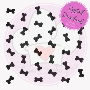 May include: Digital download of a graphic design featuring a white background with black bone shapes scattered around a pink heart and the text "Love & Baking".