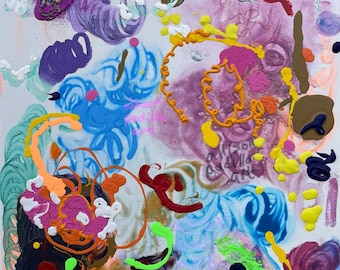 Abstract Acrylic Painting, “Lele’s New World Swims in a Flow of Full Colors”, Original Art by Allison Padilla, 18 x 24“ 46 x 61 cm