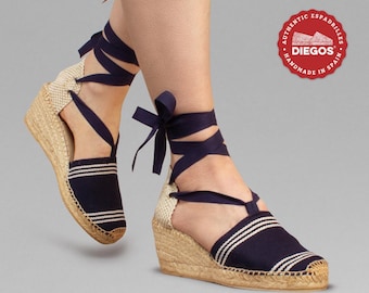 Diegos Monaco Lola Espadrilles: High Wedge, Striped Canvas, Handmade in Spain