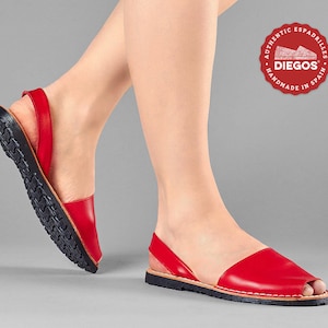 DIEGOS® women&#39;s Red leather Avarcas sandals | Made in Spain | Open toe summer shoes | We ship from NY, easy returns