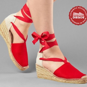 Diegos® Classic red high wedge Lola espadrilles shoes hand made and hand stitched in northern Spain